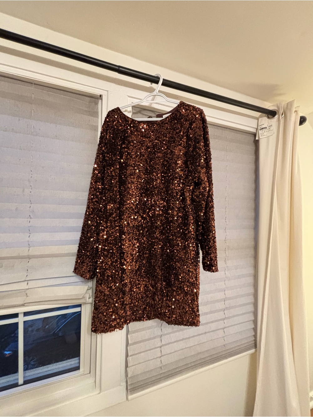 Sequin Long-Sleeve Shift Dress in Copper